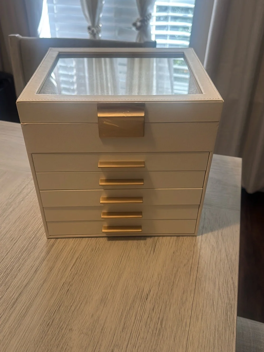 Cream Jewelry Organizer Box with Gold Accents - Luxury Multi-Drawer Storage